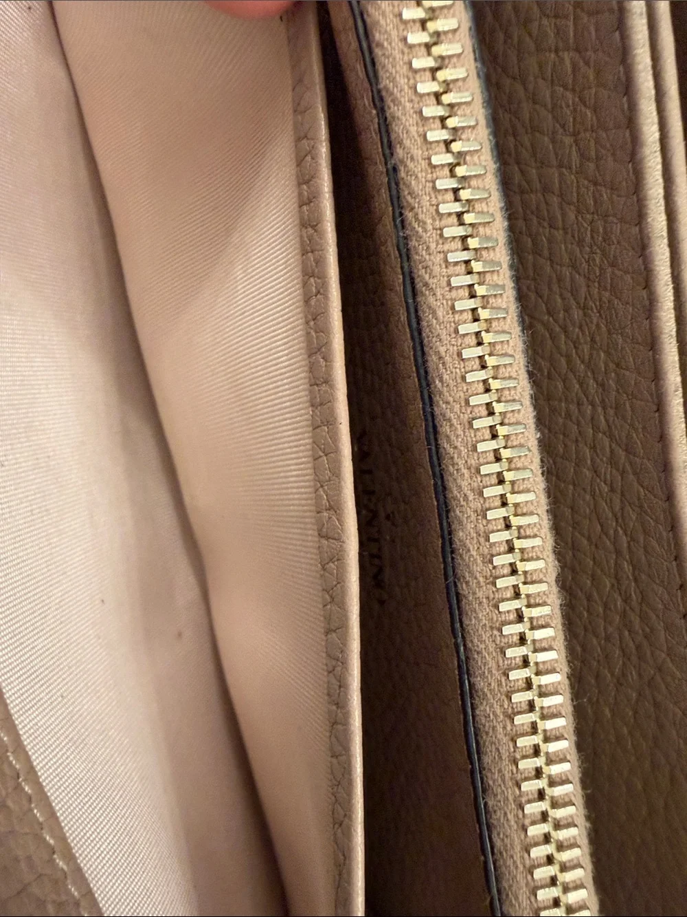 Valentino Garavani Taupe Pebbled Leather Zip Wallet with Gold Studs